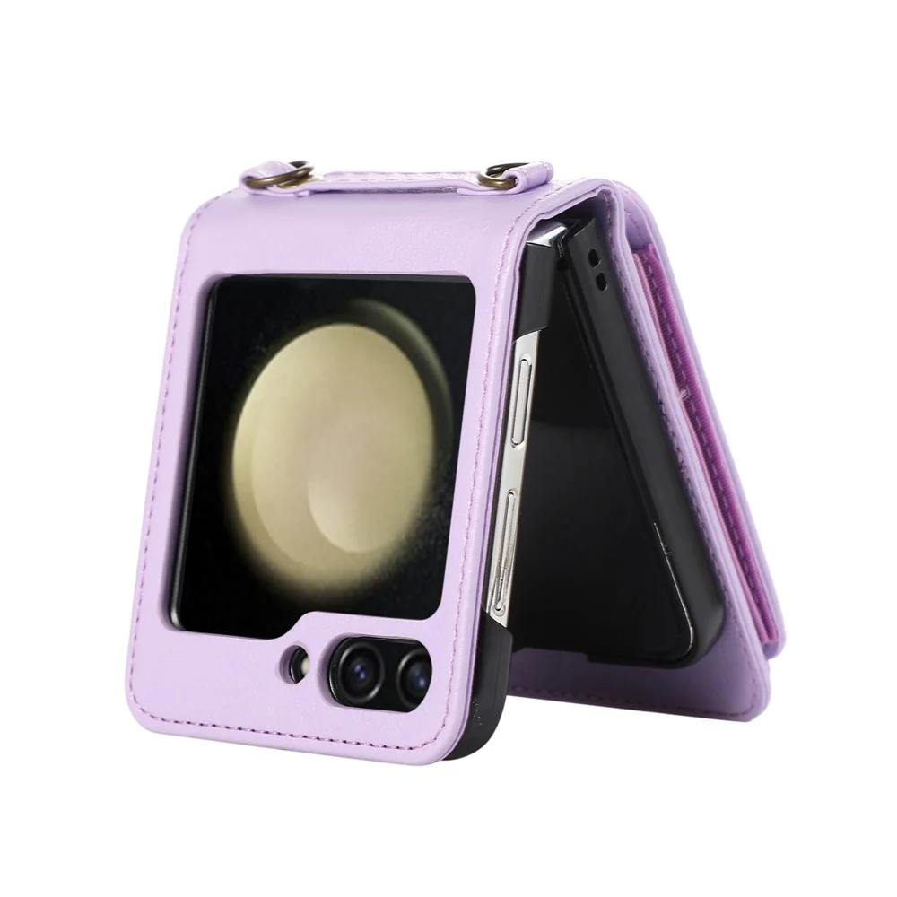 For Samsung Galaxy Z Flip7 5G Case Card Holder Ring Kickstand TPU + PU Leather Phone Cover with Long Strap - Purple - Image 4