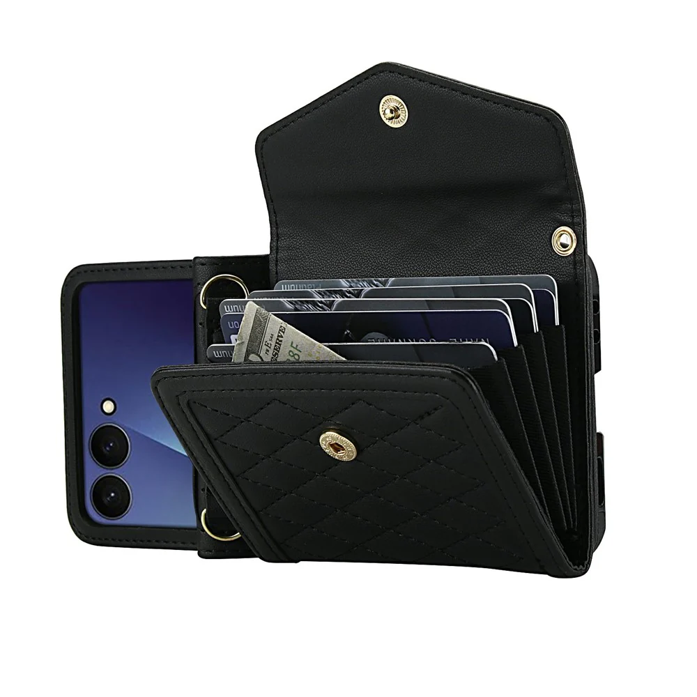 For Samsung Galaxy Z Flip7 5G Case Card Holders RFID Blocking PU Leather Phone Back Cover with Shoulder Strap - Black - Image 2