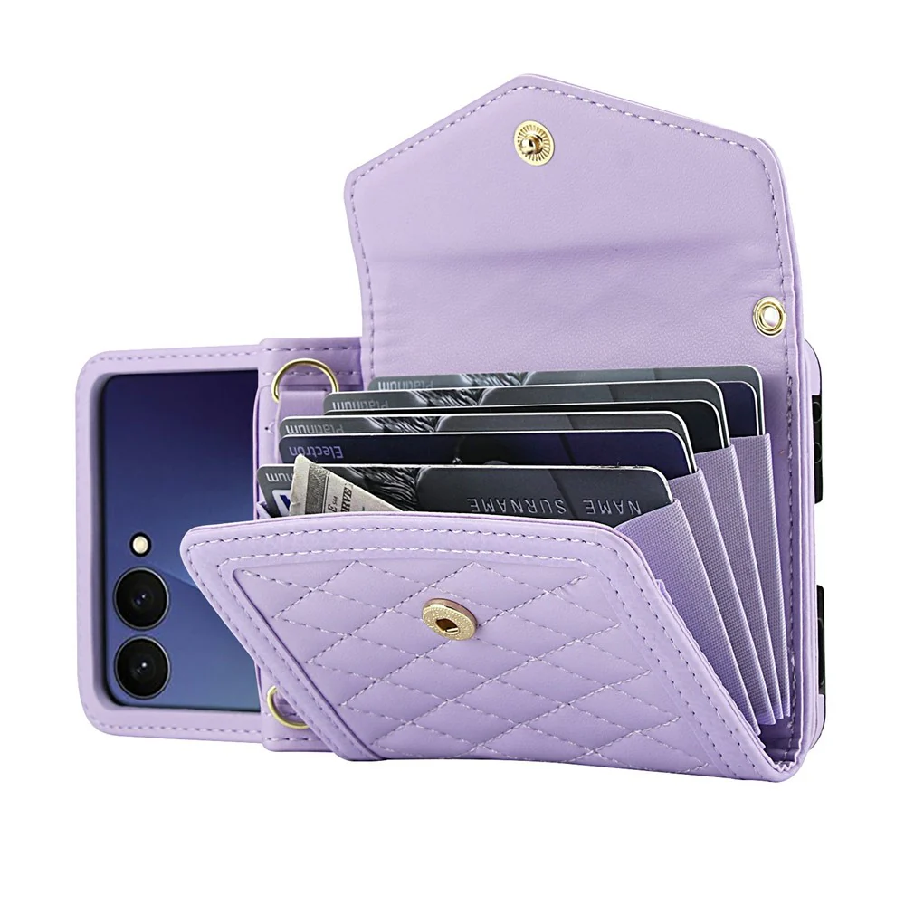 For Samsung Galaxy Z Flip7 5G Case Card Holders RFID Blocking PU Leather Phone Back Cover with Shoulder Strap - Purple - Image 2