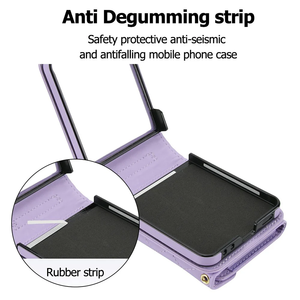 For Samsung Galaxy Z Flip7 5G Case Card Holders RFID Blocking PU Leather Phone Back Cover with Shoulder Strap - Purple - Image 4