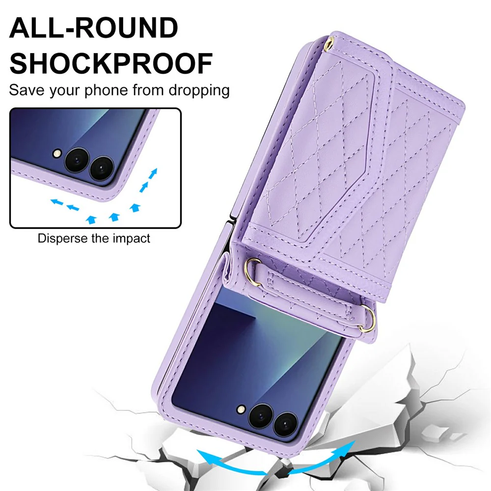 For Samsung Galaxy Z Flip7 5G Case Card Holders RFID Blocking PU Leather Phone Back Cover with Shoulder Strap - Purple - Image 5