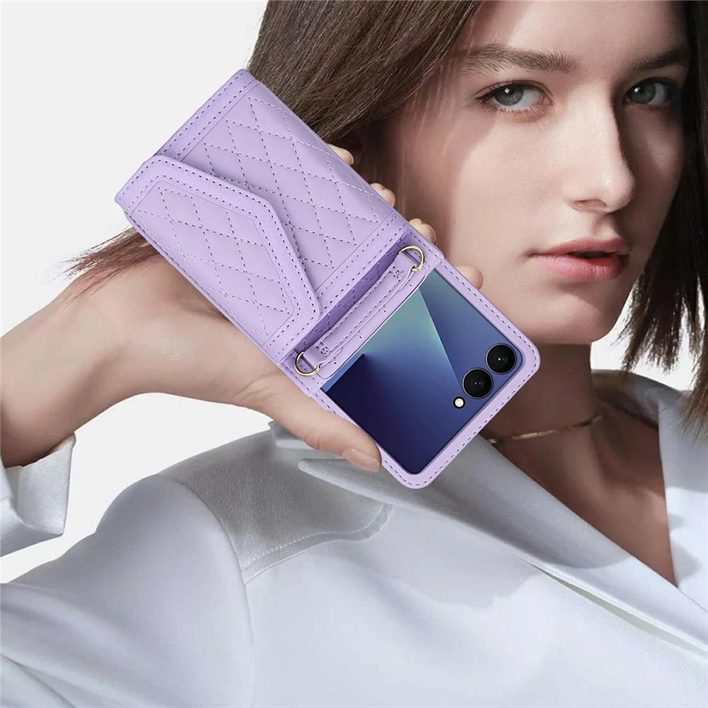 For Samsung Galaxy Z Flip7 5G Case Card Holders RFID Blocking PU Leather Phone Back Cover with Shoulder Strap - Purple - Image 8