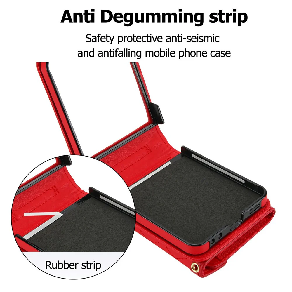 For Samsung Galaxy Z Flip7 5G Case Card Holders RFID Blocking PU Leather Phone Back Cover with Shoulder Strap - Red - Image 4