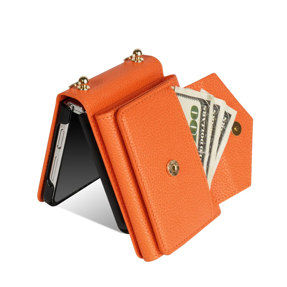 For Samsung Galaxy Z Flip7 5G Case Card Slots PU + PC Phone Cover with Long Strap - Orange - Image 3