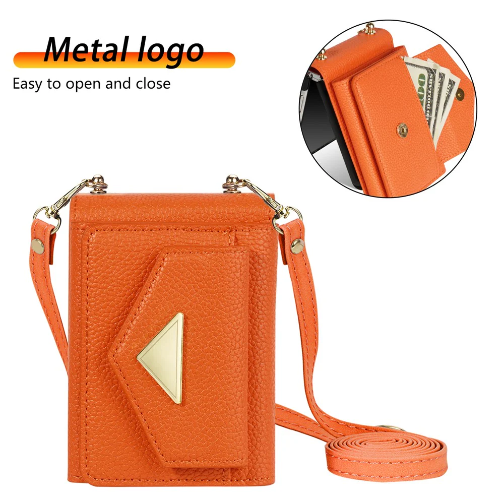 For Samsung Galaxy Z Flip7 5G Case Card Slots PU + PC Phone Cover with Long Strap - Orange - Image 4