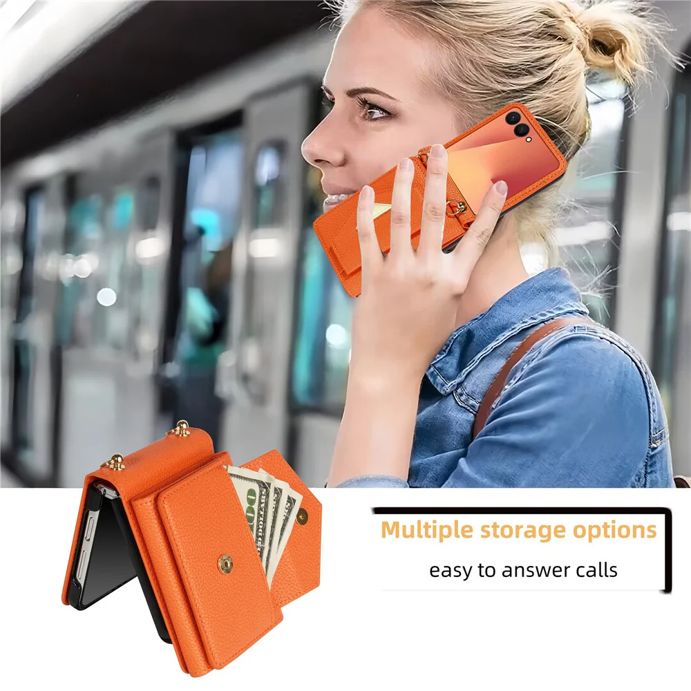 For Samsung Galaxy Z Flip7 5G Case Card Slots PU + PC Phone Cover with Long Strap - Orange - Image 7