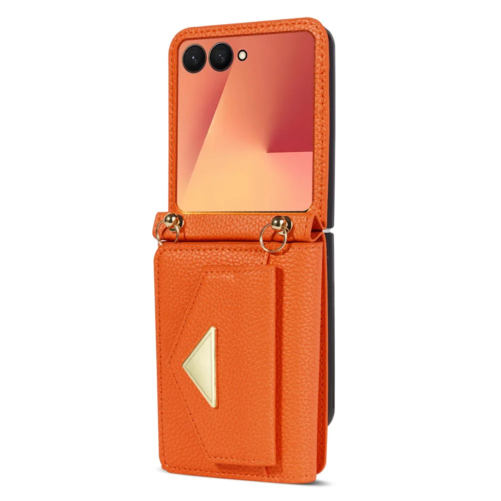 For Samsung Galaxy Z Flip7 5G Case Card Slots PU + PC Phone Cover with Long Strap - Orange - Image 8