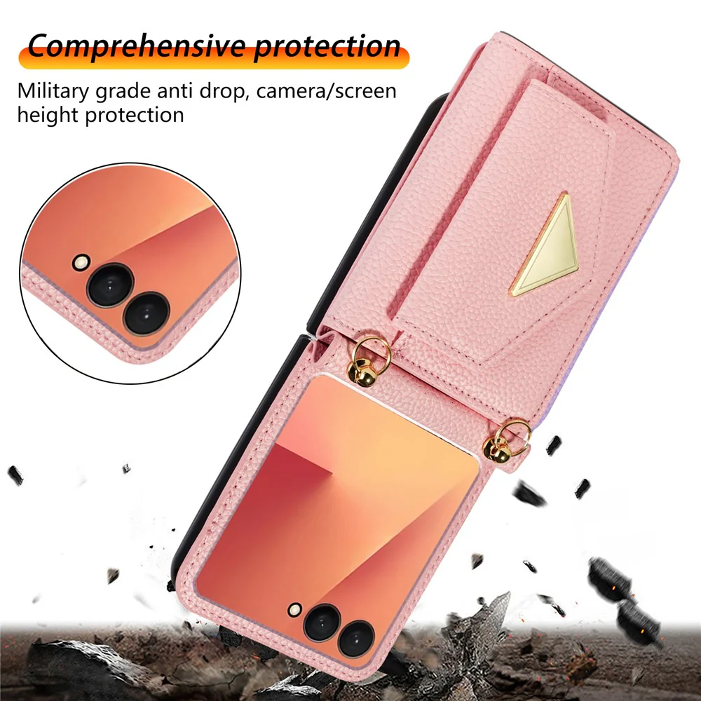 For Samsung Galaxy Z Flip7 5G Case Card Slots PU + PC Phone Cover with Long Strap - Pink - Image 5