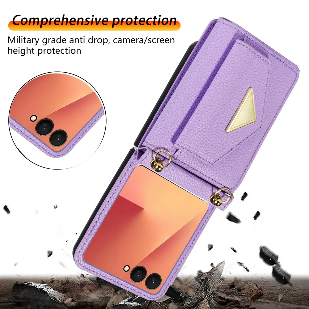 For Samsung Galaxy Z Flip7 5G Case Card Slots PU + PC Phone Cover with Long Strap - Purple - Image 5