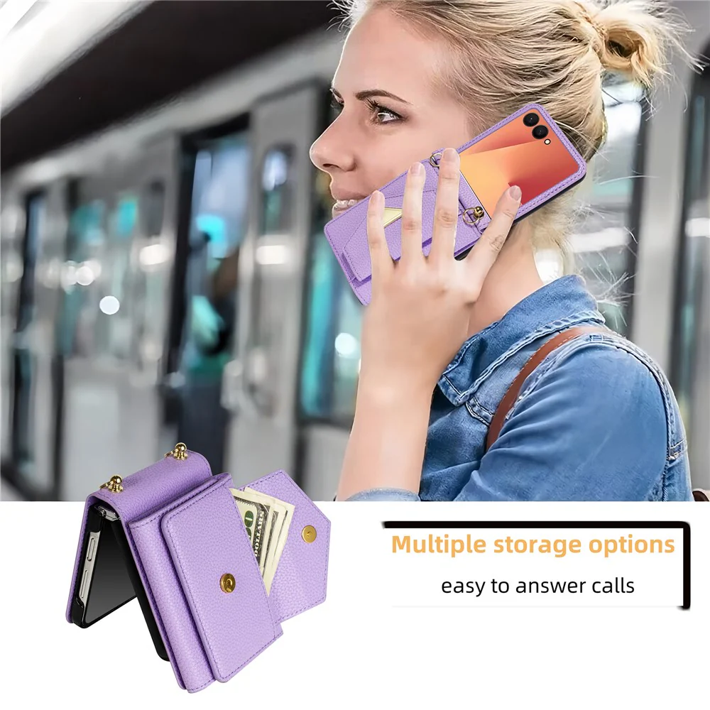 For Samsung Galaxy Z Flip7 5G Case Card Slots PU + PC Phone Cover with Long Strap - Purple - Image 7