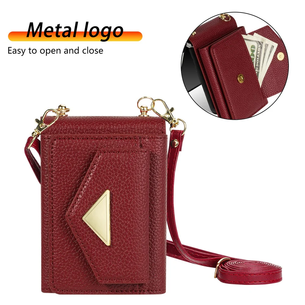 For Samsung Galaxy Z Flip7 5G Case Card Slots PU + PC Phone Cover with Long Strap - Wine Red - Image 4