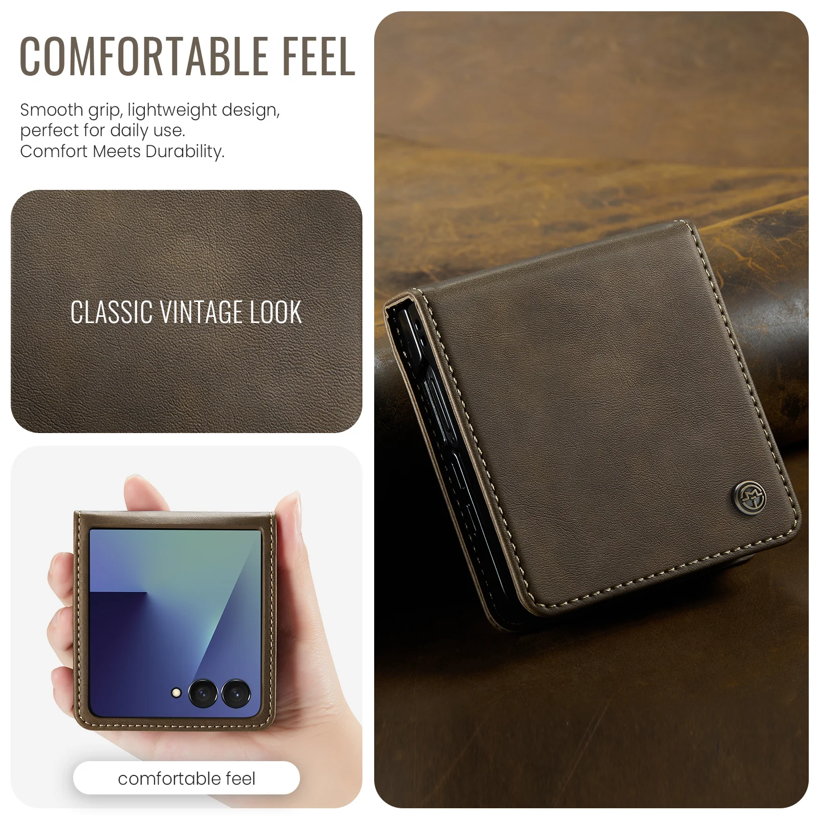 For Samsung Galaxy Z Flip7 5G Case CASEME 033 Series RFID Blocking Wallet Stand Calf Texture Leather Phone Cover - Coffee - Image 7