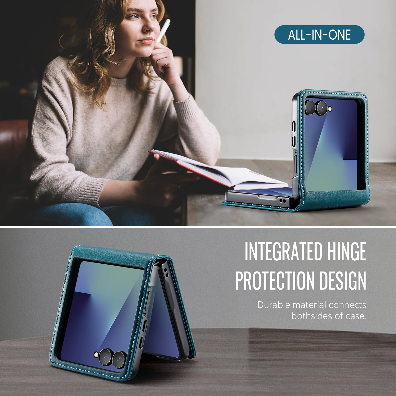 For Samsung Galaxy Z Flip7 5G Case CASEME 033 Series RFID Blocking Wallet Stand Calf Texture Leather Phone Cover - Green - Image 5