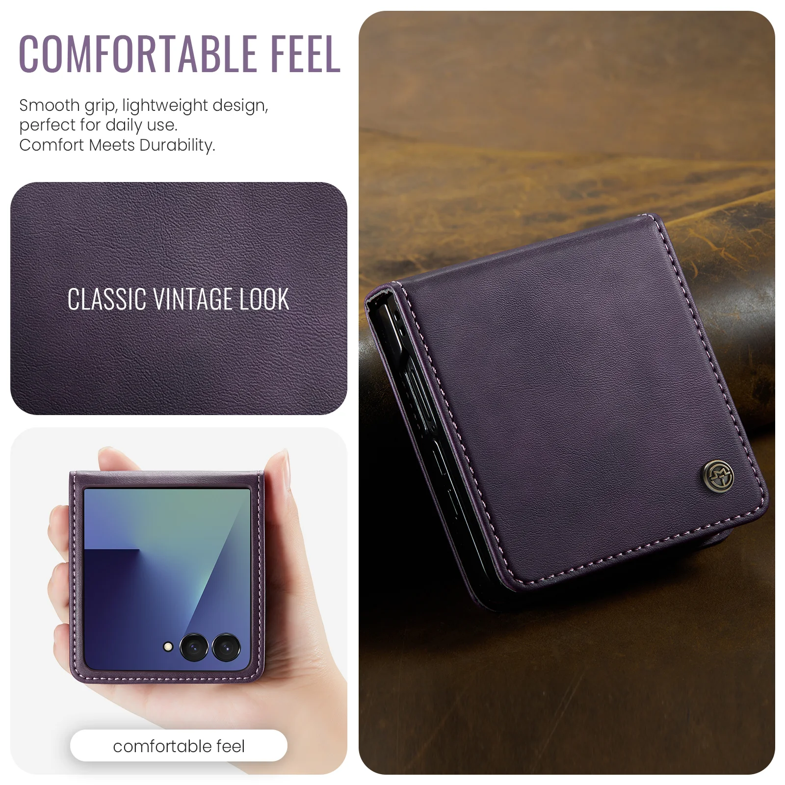 For Samsung Galaxy Z Flip7 5G Case CASEME 033 Series RFID Blocking Wallet Stand Calf Texture Leather Phone Cover - Purple - Image 7