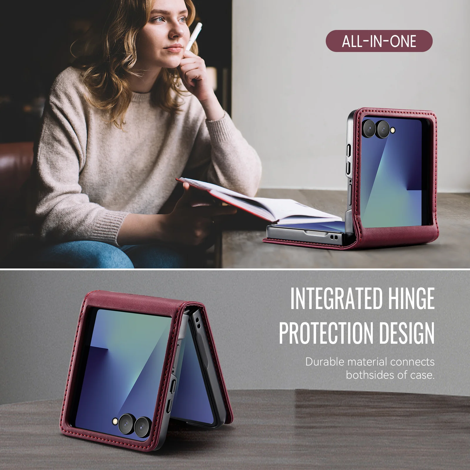 For Samsung Galaxy Z Flip7 5G Case CASEME 033 Series RFID Blocking Wallet Stand Calf Texture Leather Phone Cover - Red - Image 5