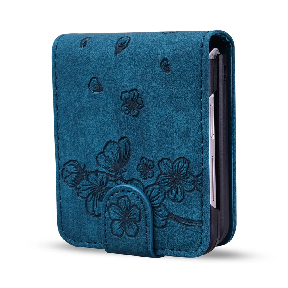 For Samsung Galaxy Z Flip7 5G Case Cherry Blossom Cat Leather Phone Cover with Card Slot - Blue - Image 2