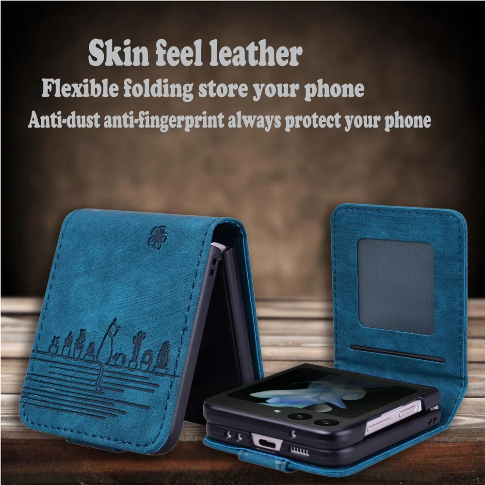 For Samsung Galaxy Z Flip7 5G Case Cherry Blossom Cat Leather Phone Cover with Card Slot - Blue - Image 7