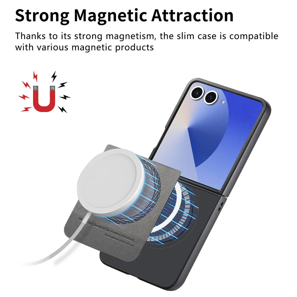 For Samsung Galaxy Z Flip7 5G Case Compatible with MagSafe Denim Texture Leather + PC Shockproof Phone Cover - Grey - Image 8