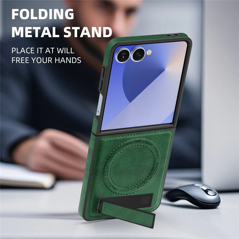For Samsung Galaxy Z Flip7 5G Case Compatible with MagSafe Kickstand Leather Phone Back Cover - Blackish Green - Image 8