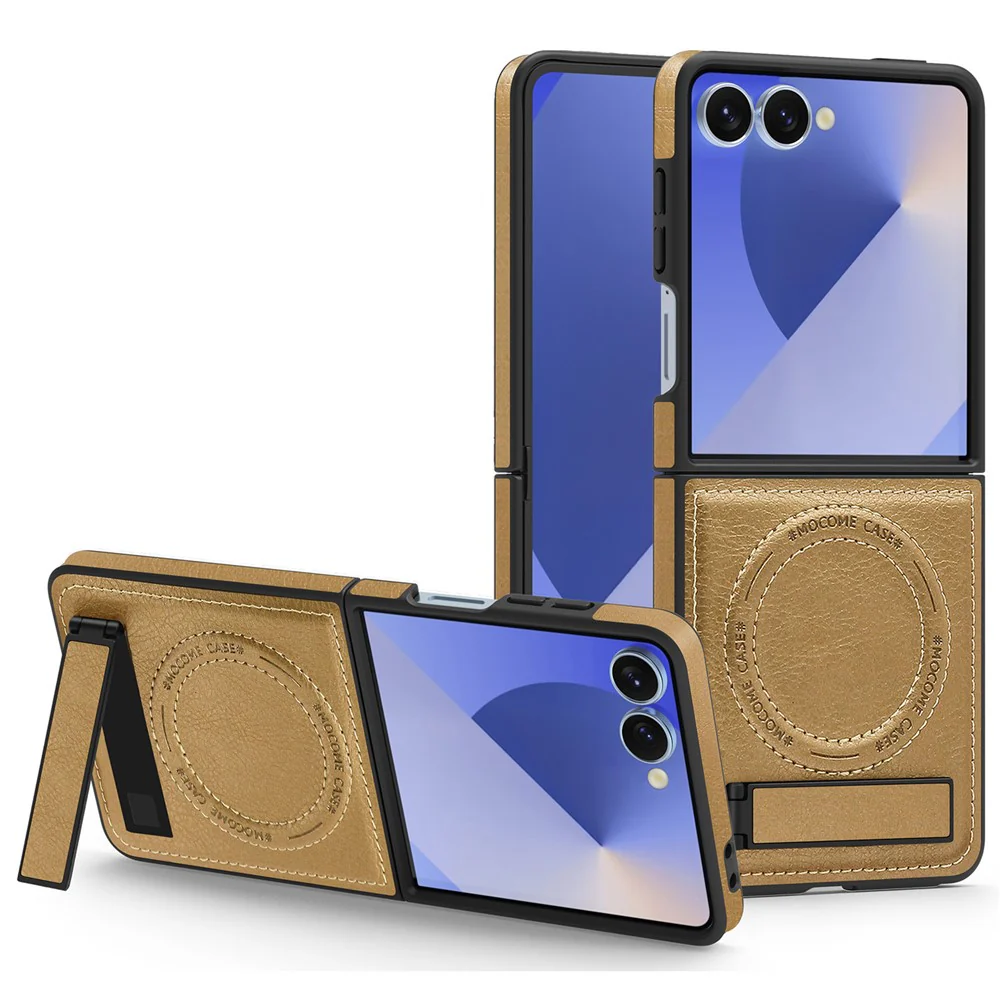 For Samsung Galaxy Z Flip7 5G Case Compatible with MagSafe Kickstand Leather Phone Back Cover - Desert Gold