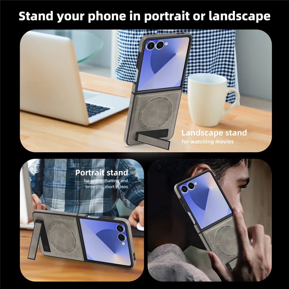 For Samsung Galaxy Z Flip7 5G Case Compatible with MagSafe Kickstand Leather Phone Back Cover - Grey - Image 6
