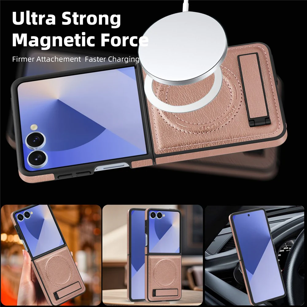 For Samsung Galaxy Z Flip7 5G Case Compatible with MagSafe Kickstand Leather Phone Back Cover - Rose Gold - Image 8