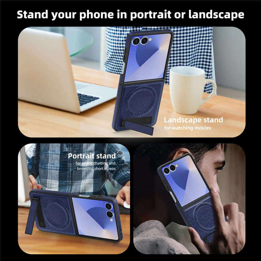 For Samsung Galaxy Z Flip7 5G Case Compatible with MagSafe Kickstand Leather Phone Back Cover - Sapphire - Image 7