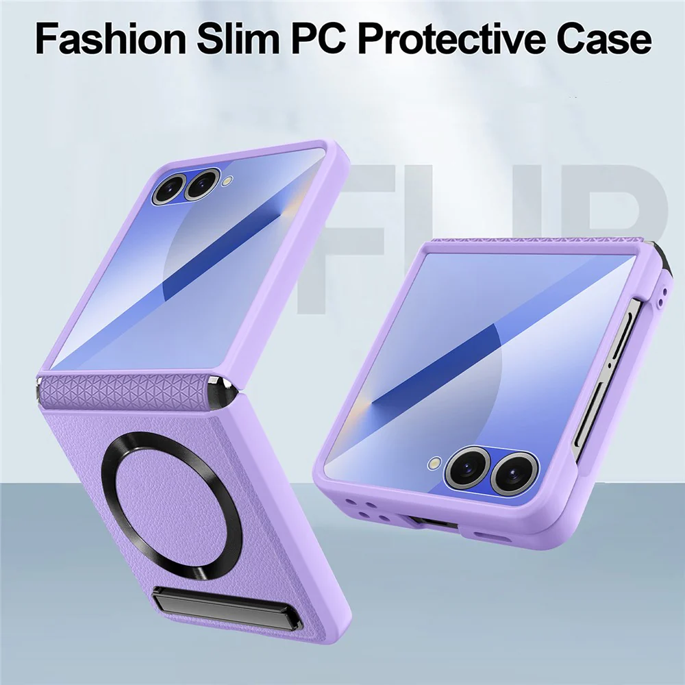 For Samsung Galaxy Z Flip7 5G Case Compatible with MagSafe Kickstand PC+PU Phone Cover with Screen / Lens Film - Pink - Image 4
