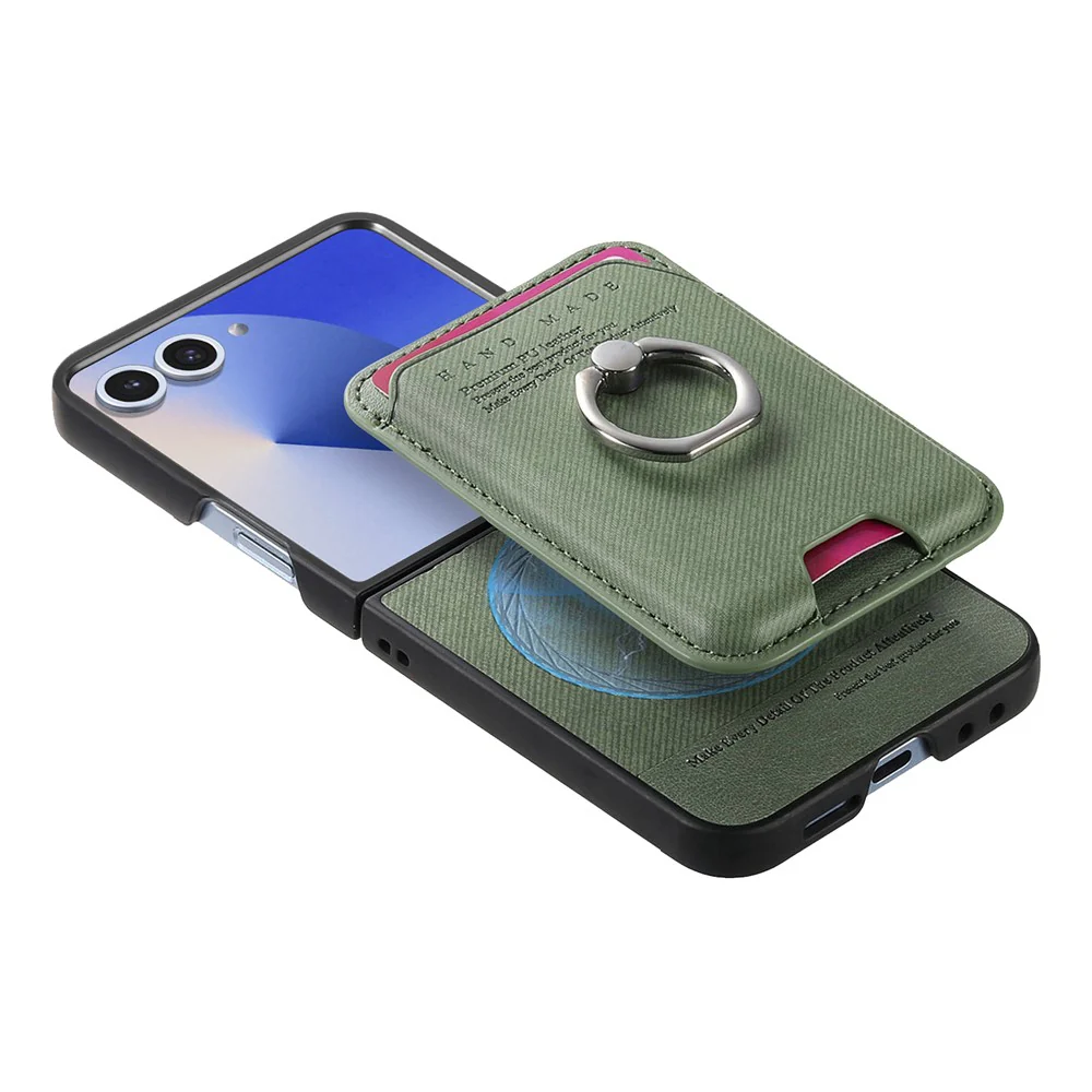 For Samsung Galaxy Z Flip7 5G Case Compatible with MagSafe Twill Texture Leather Back Cover with Card Bag - Green - Image 3