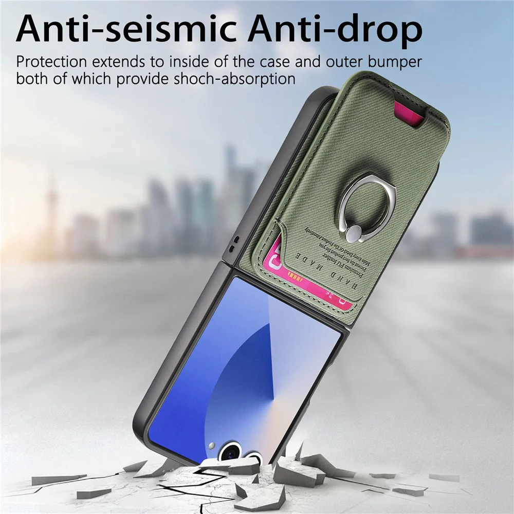 For Samsung Galaxy Z Flip7 5G Case Compatible with MagSafe Twill Texture Leather Back Cover with Card Bag - Green - Image 5