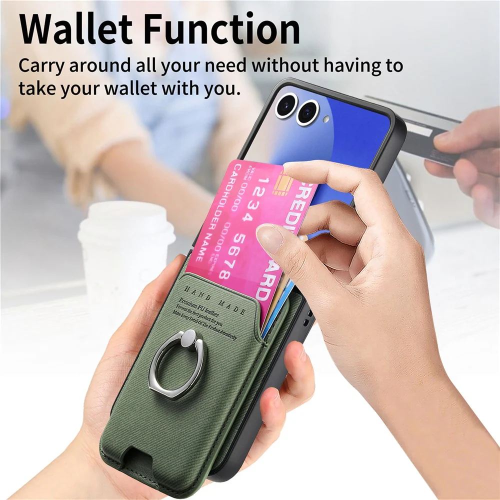 For Samsung Galaxy Z Flip7 5G Case Compatible with MagSafe Twill Texture Leather Back Cover with Card Bag - Green - Image 7