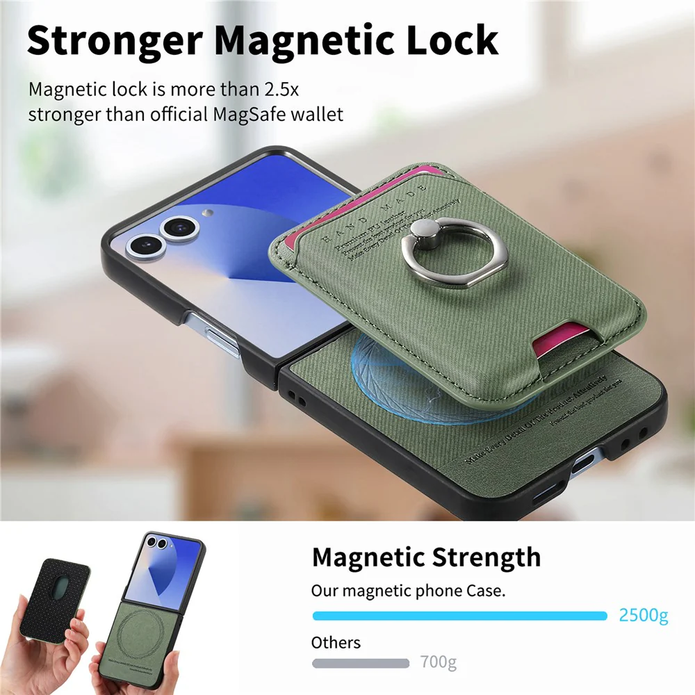 For Samsung Galaxy Z Flip7 5G Case Compatible with MagSafe Twill Texture Leather Back Cover with Card Bag - Green - Image 8