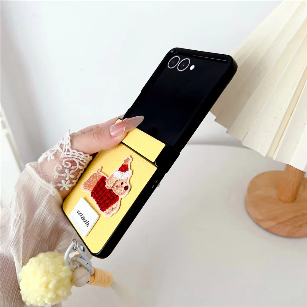 For Samsung Galaxy Z Flip7 5G Case Cute Dog Hinge Protection Litchi Texture Phone Cover with Wrist Strap - Yellow - Image 4