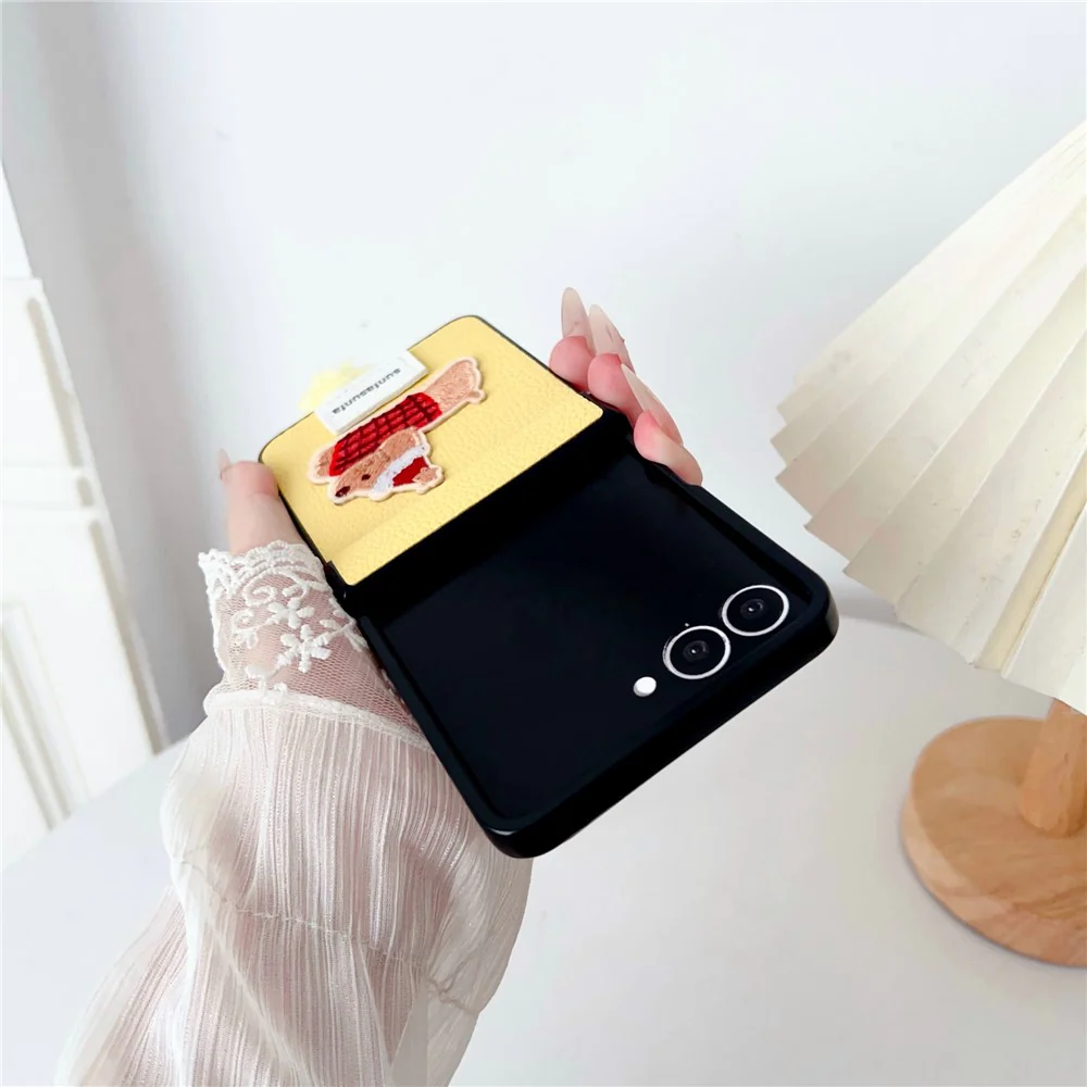 For Samsung Galaxy Z Flip7 5G Case Cute Dog Hinge Protection Litchi Texture Phone Cover with Wrist Strap - Yellow - Image 5