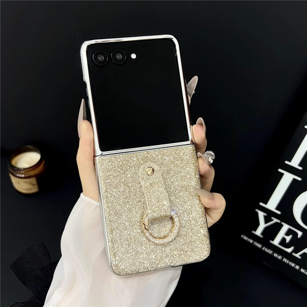 For Samsung Galaxy Z Flip7 5G Case Electroplated Glitter PU Leather + PC Protective Cover with Portable Ring Strap - Gold - Image 2