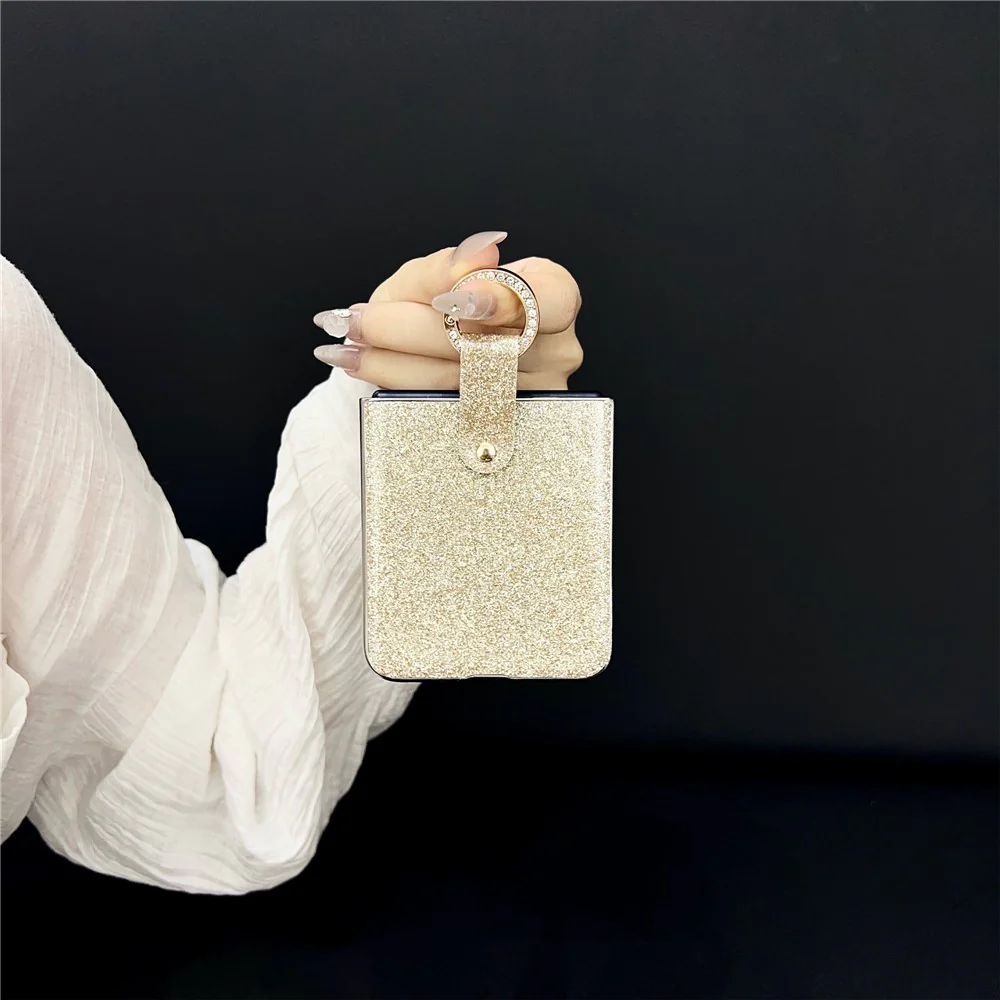 For Samsung Galaxy Z Flip7 5G Case Electroplated Glitter PU Leather + PC Protective Cover with Portable Ring Strap - Gold - Image 3