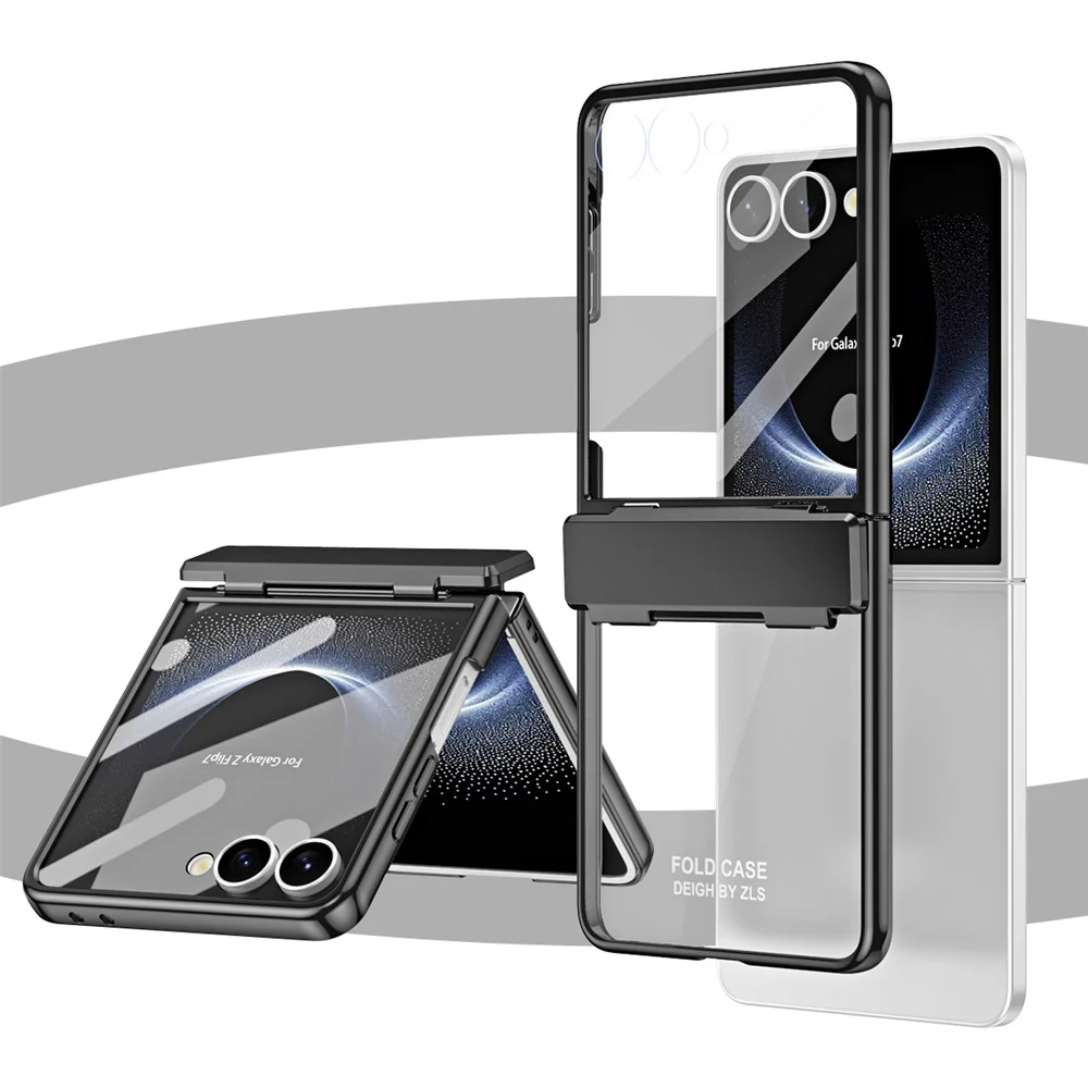 For Samsung Galaxy Z Flip7 5G Case Electroplating PC Folding Phone Cover with Screen Protector - Black - Image 4
