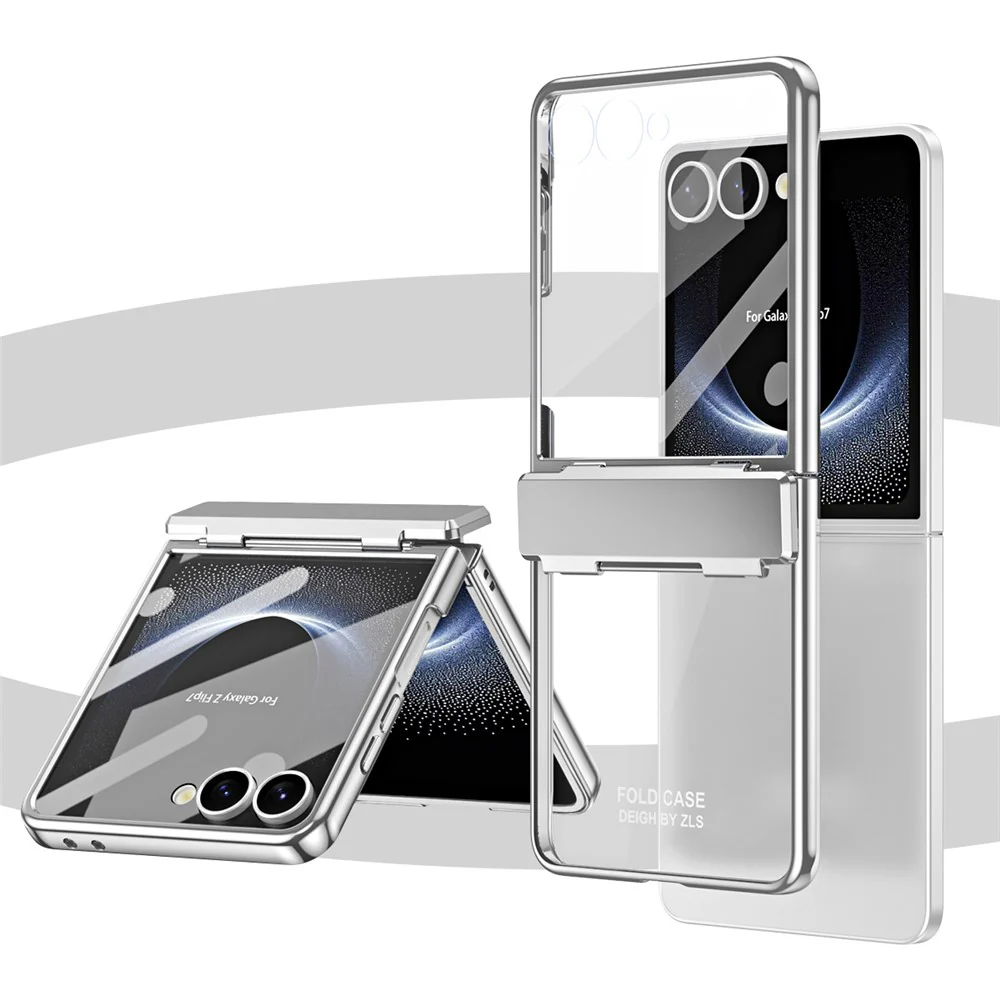 For Samsung Galaxy Z Flip7 5G Case Electroplating PC Folding Phone Cover with Screen Protector - Silver - Image 4