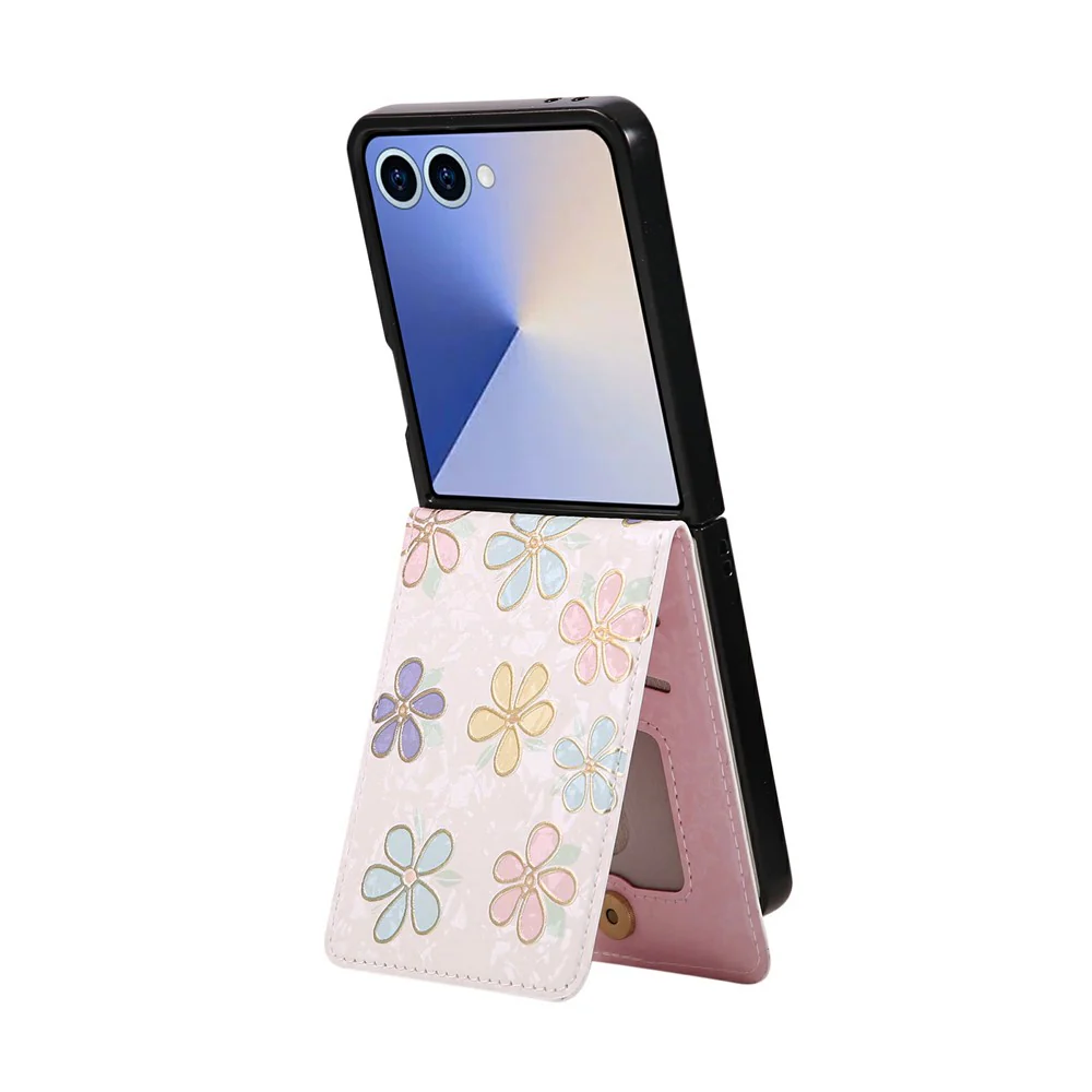 For Samsung Galaxy Z Flip7 5G Case Flower Leather PC RFID Blocking Phone Cover Card Slots - Flowers - Image 3