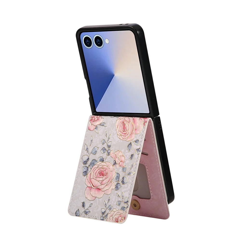For Samsung Galaxy Z Flip7 5G Case Flower Leather PC RFID Blocking Phone Cover Card Slots - Rose - Image 3