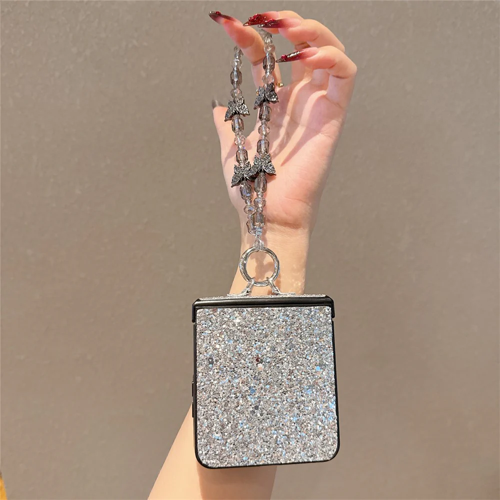 For Samsung Galaxy Z Flip7 5G Case Glitter Rhinestone TPU PC Phone Cover with Butterfly Wrist Strap - Silver - Image 2