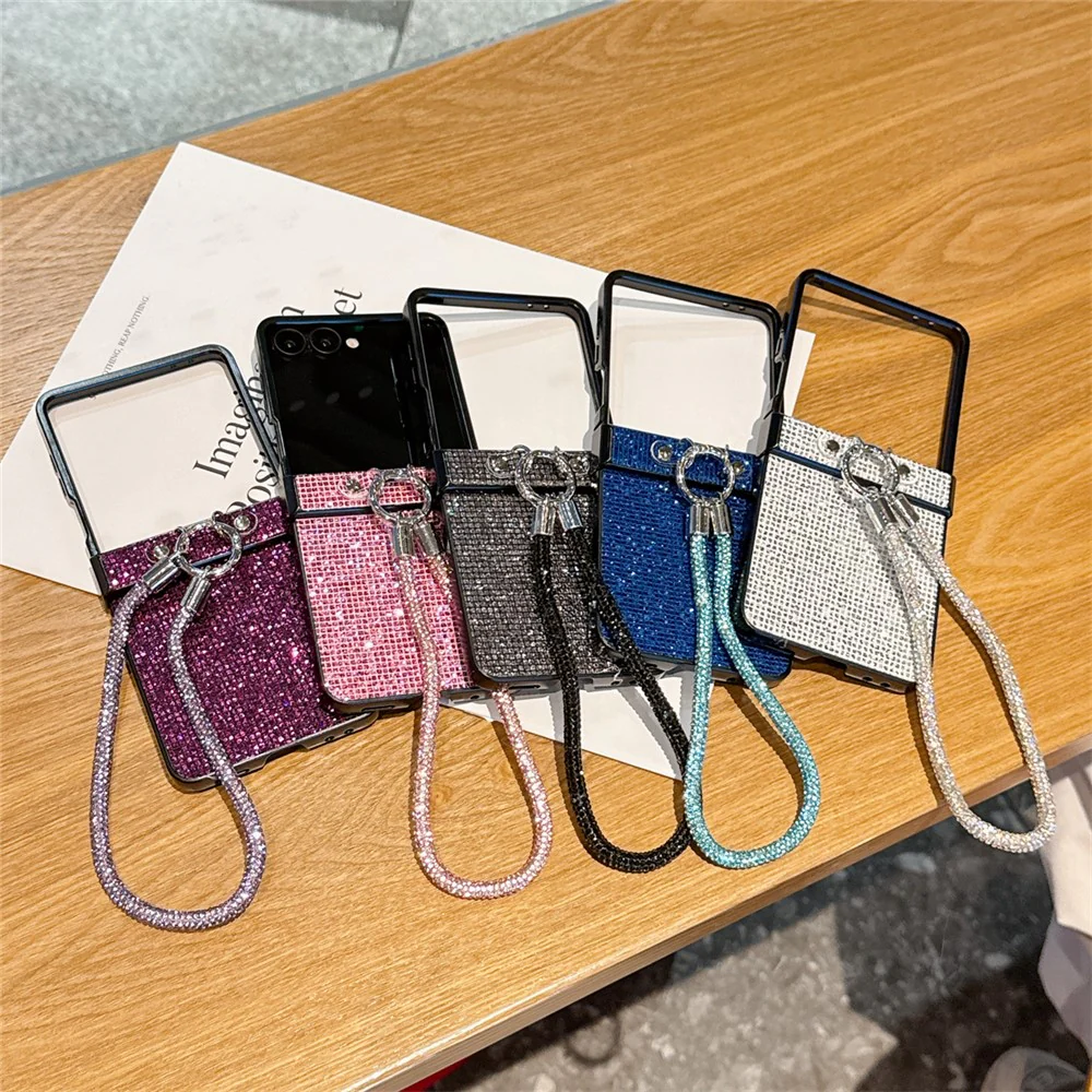 For Samsung Galaxy Z Flip7 5G Case Glitter TPU + PC Phone Cover with Rhinestone Wrist Strap - Blue - Image 8
