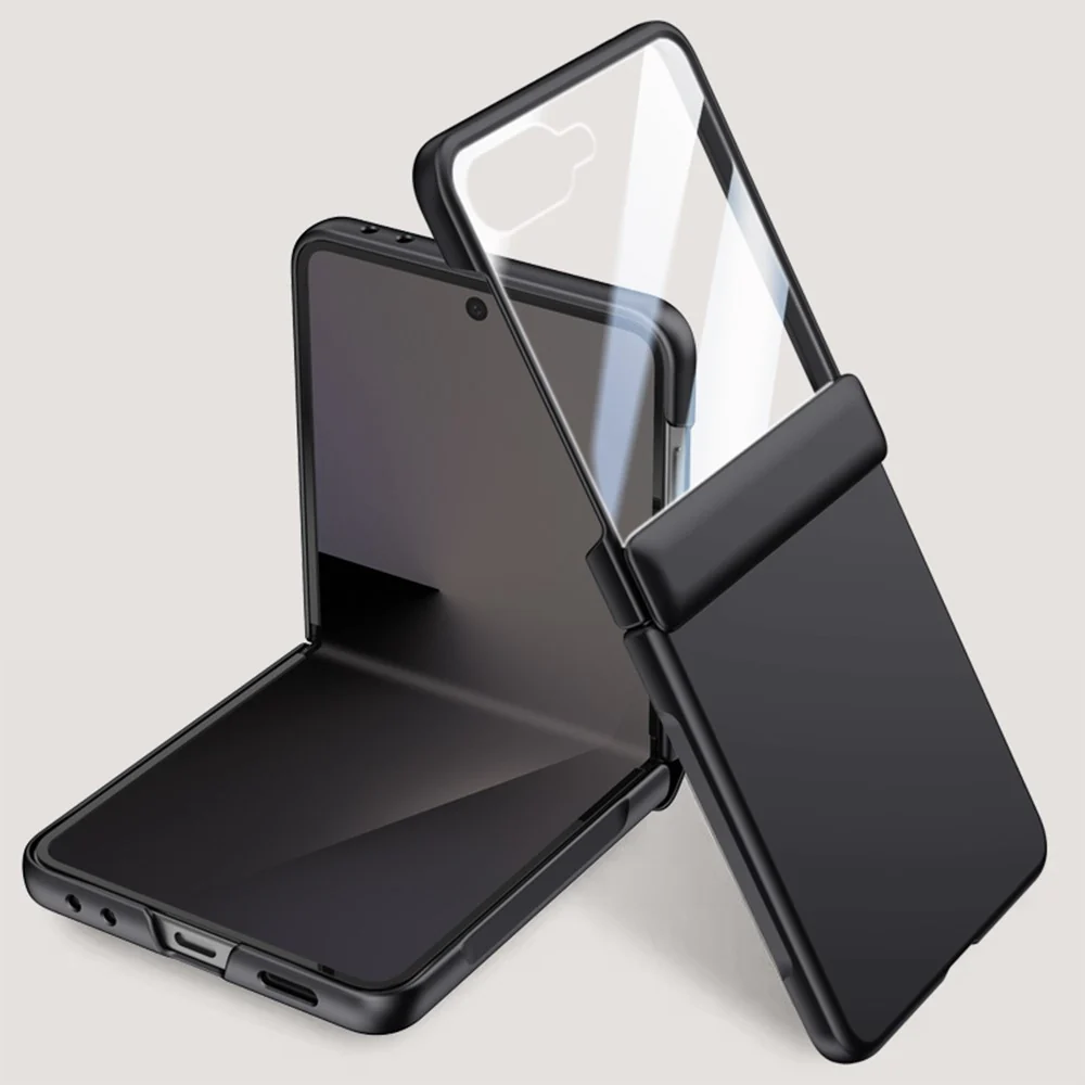 For Samsung Galaxy Z Flip7 5G Case Hard PC Hinge Protection Phone Cover with Rear Small Screen Protector - Black
