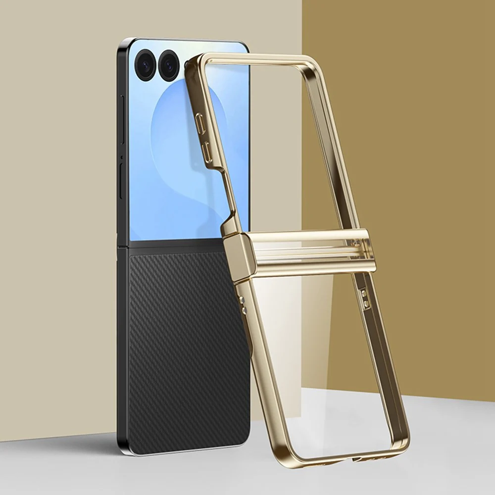 For Samsung Galaxy Z Flip7 5G Case Hinge Design Electroplating PC Clear Phone Cover - Gold - Image 2