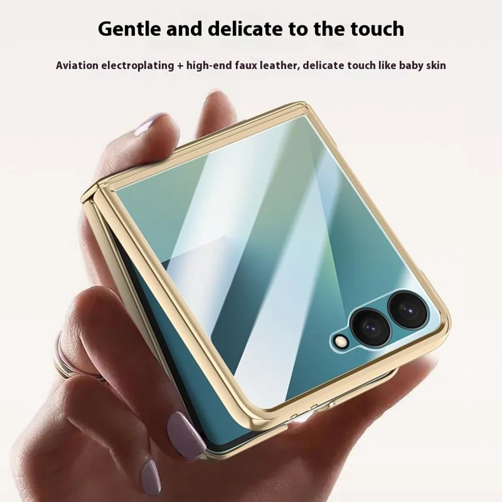 For Samsung Galaxy Z Flip7 5G Case Hinge Protection Leather + PC Electroplated Phone Cover with HD Rear Small Screen Protector - Blue - Image 5