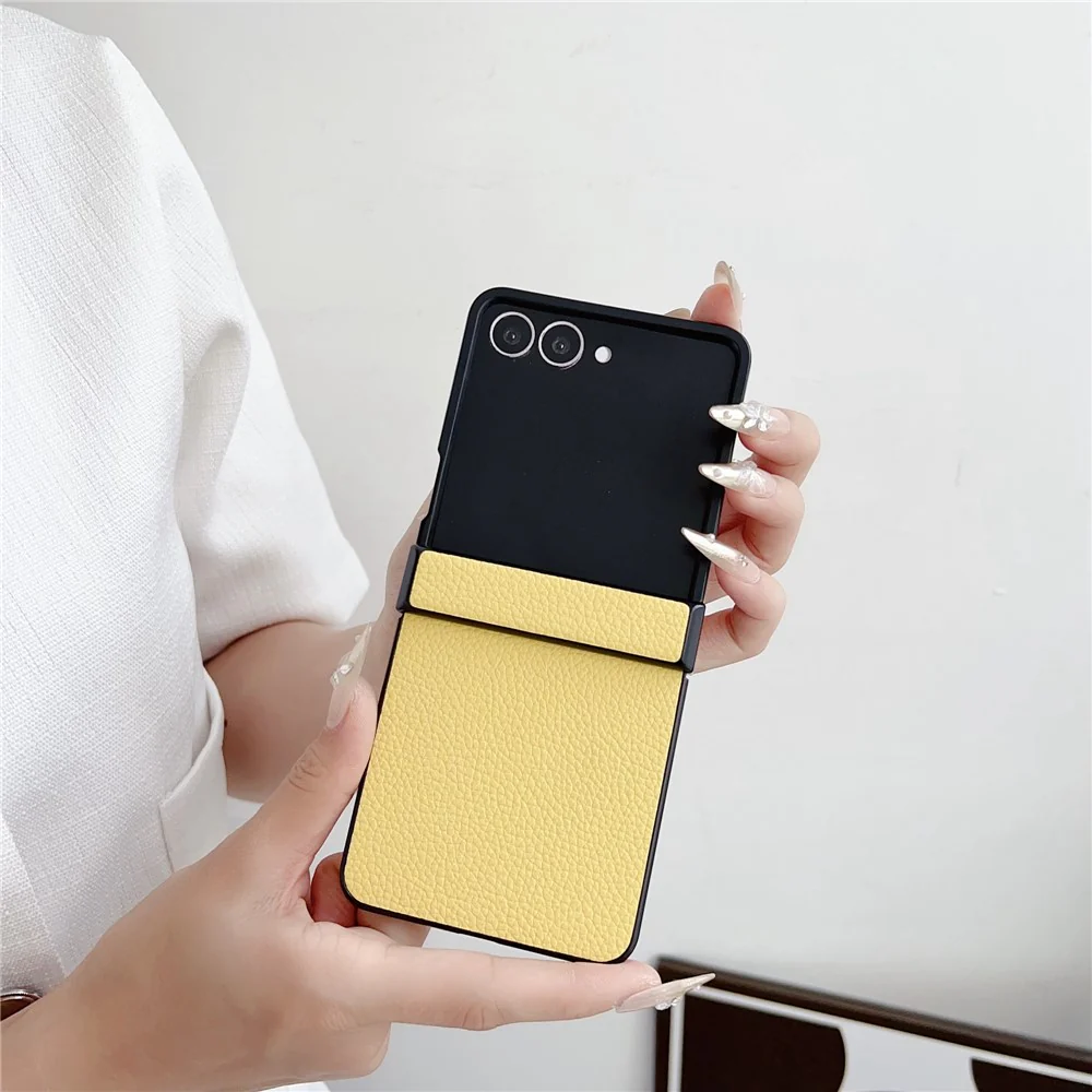 For Samsung Galaxy Z Flip7 5G Case Hinge Protection Litchi Texture Leather + PC Phone Cover - Yellow - Image 3