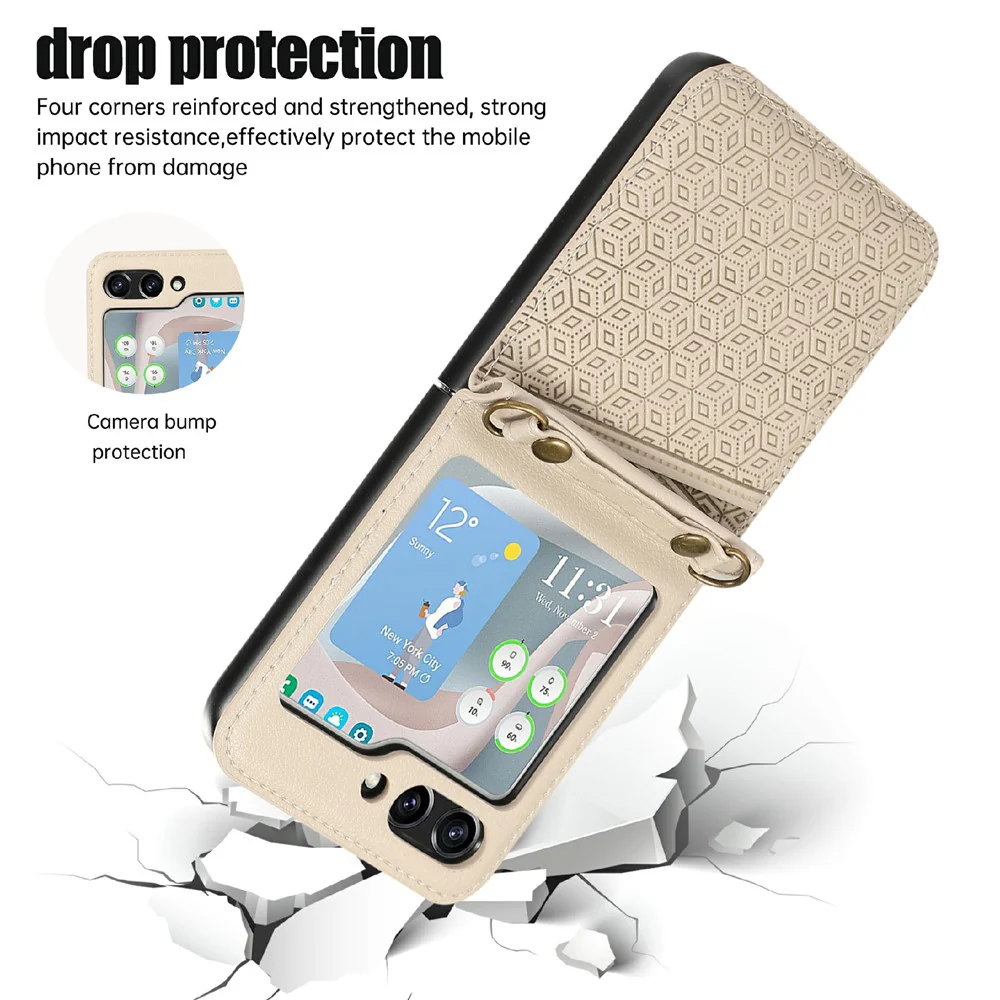 For Samsung Galaxy Z Flip7 5G Case Imprinted Rhombus Leather Phone Cover with Card Slots - Beige - Image 6