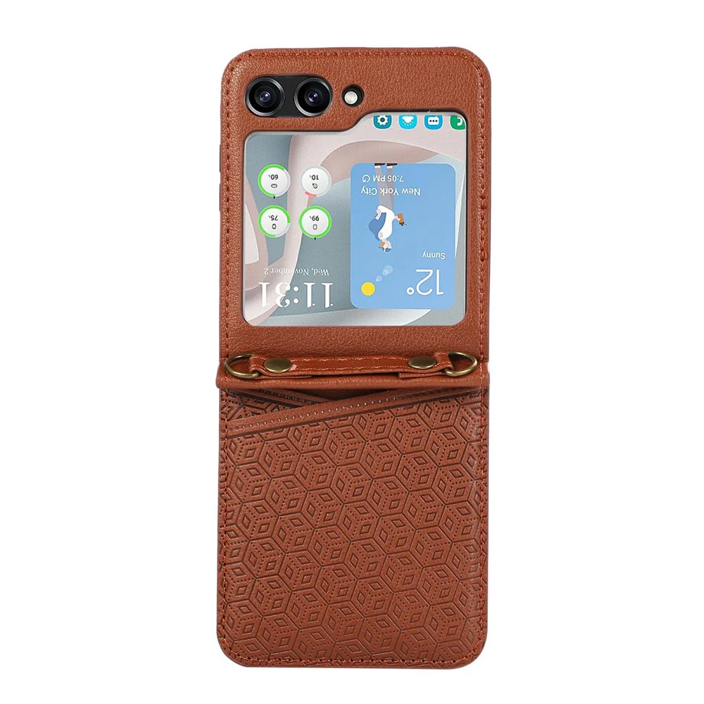 For Samsung Galaxy Z Flip7 5G Case Imprinted Rhombus Leather Phone Cover with Card Slots - Brown - Image 3