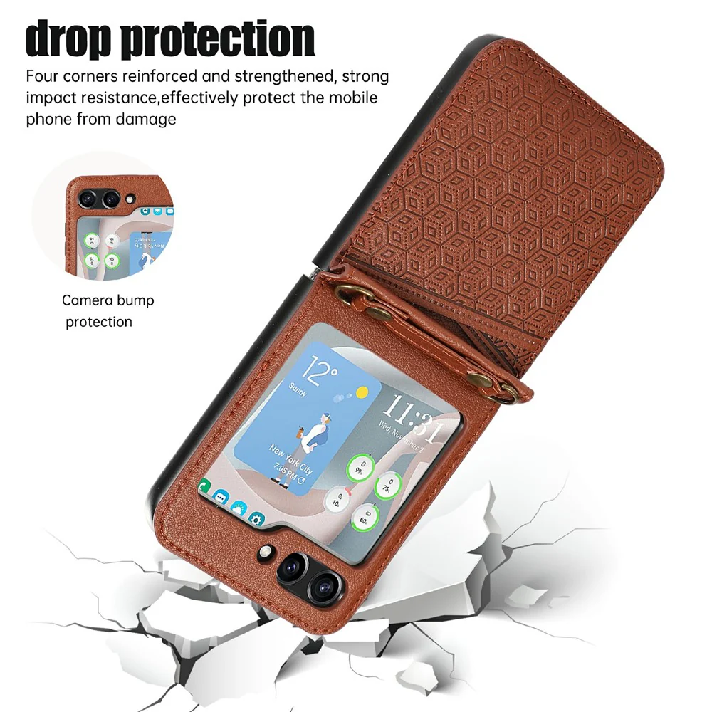 For Samsung Galaxy Z Flip7 5G Case Imprinted Rhombus Leather Phone Cover with Card Slots - Brown - Image 6