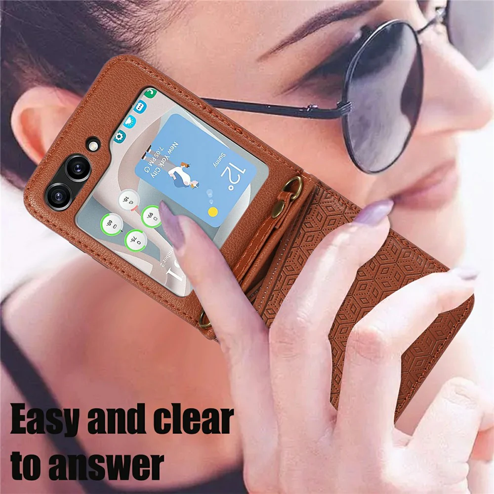 For Samsung Galaxy Z Flip7 5G Case Imprinted Rhombus Leather Phone Cover with Card Slots - Brown - Image 7